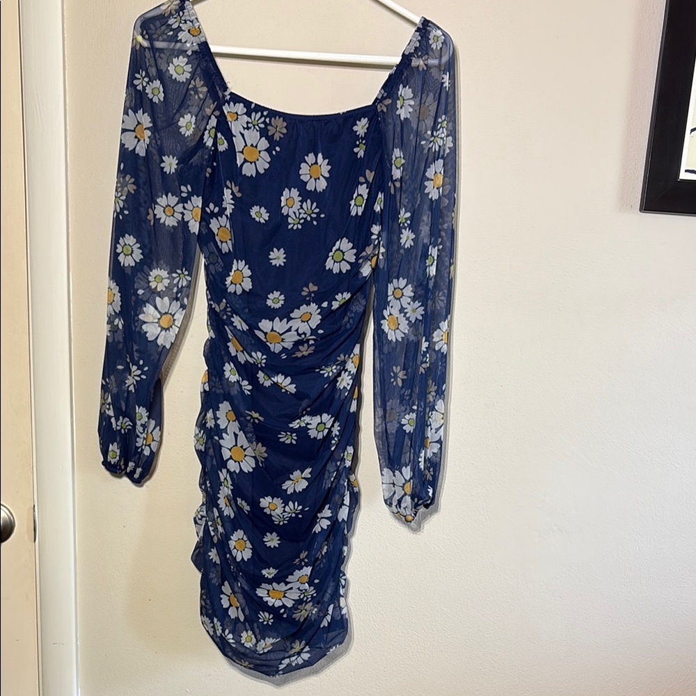 Blue Ruched Wrap Dress with Bishop Sleeves